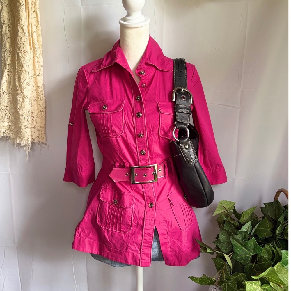 Y2K Bebe Fusion Pink Belted Safari Utility Jacket Cargo Pocket Shirt XXS 0590